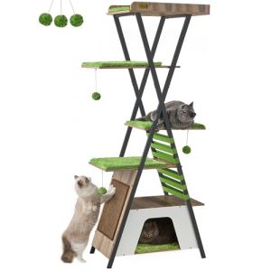 FourFurPets Arbre à Chat Hauteur 184 cm, Tour à Chat Moderne pour Chats d'intérieur, Condo à Plusieurs Niveaux avec grottes, Arbre à Chat Haut avec Planche à gratter, Pads Amovibles,Grège (FourFurPets, neuf)