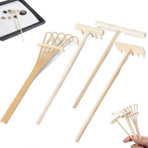 Lot de 4 mini accessoires de jardin zen en bois - R&acirc;teau &agrave; sable zen - Bac &agrave; sable miniature - Petit r&acirc;teau zen - Bricolage pour la maison, le bureau et la d&eacute;coration de table (MHYMX, neuf)