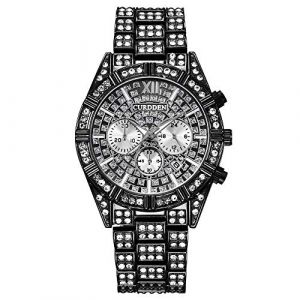 Routefuture Montre de Bling Hommes Rond Cristal Strass Montres à Diamants en Acier Inoxydable Bande de Métal Montres de Bling-Ed Out Hip Hop Cadeau (Routefuture, neuf)