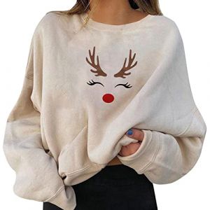 Pull de Noel Femme Manches Longues Col Rond Rigolo Noel Sweat-Shirt Hiver Chaud Christmas Pull Over Grande Taille 2024 Pull Noel Moche Tunique Femme (Beige, S) (QinMM, neuf)