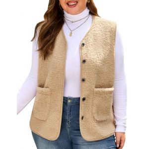 Yuson Girl Gilet Femme sans Manche Grande Taille Manteau en Polaire Hiver Chaude Fourrure Bouton Veste Chic Chaud Waistcoat Court Elegant Gilets Sherpa Molleton Vestes avec Poches(Khaki, 4XL) (YusonGirl, neuf)