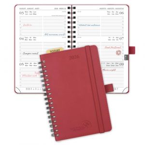 POPRUN Agenda de Poche 2026 A6 Semainier 16 x 10,5 cm - Couverture Souple en PU Cuir Spirale, Petit Agenda, D'Jan 2026 à Déc 2026-12 Mois, Règle signet, Papier 100 g/m², Bourgogne (Time Works Wonders, neuf)