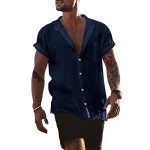 YAOBAOLE Hommes Chemises en Lin Chemise Legere Homme Été Manches Courtes Boutons Chemise Homme Coton Lin Chemise Col Mao Marine XL (YBLfashion, neuf)