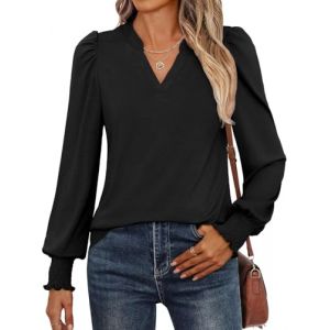 Pawate Blouse Femme Manches Longues en Coton - D&eacute;collet&eacute; V &Eacute;l&eacute;gant avec Manches Bouffantes - Haut Polyvalent Automne - Tunique Casual(Noir/M) (Pawate, neuf)