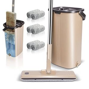 Myiosus Balai Serpillière Seau Essoreur, Balai Microfibre Rotatif 360° et Seau Auto-Lavage, Serpillière Seau Essoreur à 2 Compartiments avec 6 Microfibre Tampons, Vadrouille pour Nettoyage des Sols (Aone-EU, neuf)