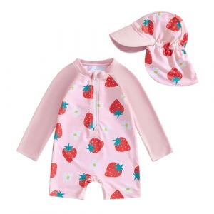 Carolilly Maillot de Bain Anti-UV Bébé Fille Combinaison de Bain Une Pièce à Manches Longues Fermeture Eclair + Chapeau Swimsuit Protection Solaire UPF 50+ (Rose Fraise, 1-2 Ans) (BAOLILU, neuf)