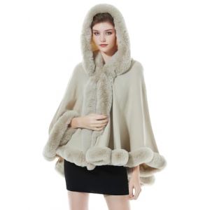 BEAUTELICATE Poncho Fourrure Châle Étole Cape à Capuche Tricoté Manteau avec Col de Fourrure pour Femme Automne Hiver Mariage Soirée Gala(Taille Unique, Beige) (BEAUTELICATE-FR, neuf)