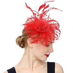 Chapeau bibi décoratif charmant en maille avec fleur et plumes Rouge (kilnbright, neuf)