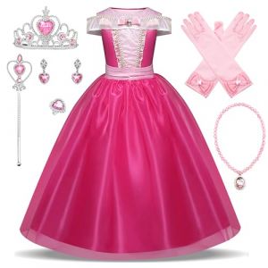 New front Fille La Belle au Bois Dormant Robe de Princesse Aurore Accessoires Baguette Couronne Bague Collier Déguisement Tulle Maxi Noël Carnaval Halloween Cosplay Robe de Soirée, Rose, 100 (New Front, neuf)