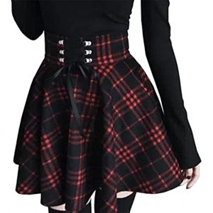 PADOLA Jupes Femme Jupe Plissée Femme Taille Haute A-Ligne Jupe Écossaise Carreaux Mini Jupe Chic et Elégant Hiver Tweed Jupe Courte Trapeze Gothique Jupe Patineuse à Lacets (Noir Rouge Plaid, L) (Chaos World Apparel, neuf)