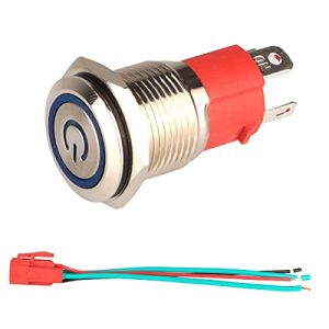 GUUZI 220V-230V/15A Interrupteur à Bouton-Poussoir à Verrouillage NO Lumière LED Bleue Etanche Illuminé 16mm Bouton-Poussoir de Démarrage en Métal avec Fil de Prise de Courant (GUZI STORE, neuf)
