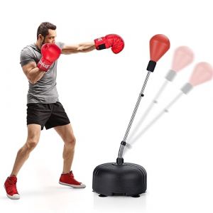 COSTWAY Punching Ball sur Pied Réglable en Hauteur 140-158 cm avec Gants Sac de Frappe Boxe Base Lesté avec Ventouses pour Enfants/Adultes (Rouge) (FDS GmbH, neuf)