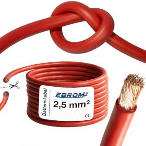 EBROM Câble de batterie très flexible Hi-Flex (Hi Flex) 2,5 mm² - Vendu au mètre en rouge - Très flexible - Gaine en PVC (70 ± 5 Shore) 99,9 % cuivre OFC 2,5 mm² - Comme câble de démarrage, câble de (EBROM, neuf)