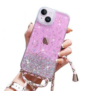Wirvyuer Coque avec Cordon pour iPhone 14 Coque Collier Paillette T&eacute;l&eacute;phone &Eacute;tui avec Cordon R&eacute;glable Transparent Silicone Case Housse avec Corde pour iPhone 14 Rose (meijiehua, neuf)