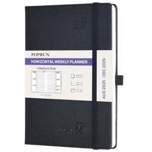 POPRUN Agenda 2025 2026 Semainier Disposition Horizontale 22 x 16,5 cm D'Août 2025 à Déc 2026-17 Mois Planner Scolaire - Couverture Rigide, Intervalles de 30 minutes, Papier 80g/m², Noir (Time Works Wonders, neuf)