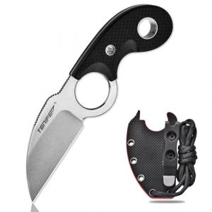 TONIFE Crescent Couteau de cou Couteau d'extérieur Lame fixe en acier 8Cr14MoV avec étui Lanyard et clip Couteau Full Tang Couteau de survie (Noir+ Stonewash) (HARNDS&TONIFE, neuf)