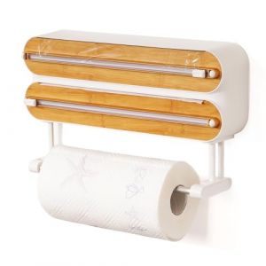 3 in 1 Derouleur Film Alimentaire avec Porte Sopalin Cuisine, Distributeur Film Alimentaire, Magn&eacute;tique Distributeur Papier Aluminium et Film avec Coupeur (Couleur Bambou et Bois) (DUXINGXIA-EU, neuf)