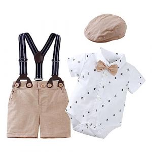Huttam Ensemble Bebe garçon Naissance 0-24 Mois ete Costume Gentleman garçon Mariage Ceremonie Body Manche Courte Bebe Garcon Shorts et Bermudas garçon avec Bretelles et Casquette (Khaki, 9-12 Mois) (qinghejingbaihuodian, neuf)
