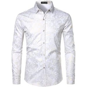 PARKLEES Chemise de luxe pour homme, imprim&eacute; &eacute;l&eacute;gant, coupe ajust&eacute;e, boutonn&eacute;e Motif cachemire dor&eacute; brillant, XL (PARKLEES, neuf)