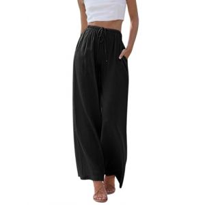 Voqeen Femme Pantalon D'été en Lin Taille Haute Couleur Unie Pantalon de Plage Large Décontracté Taille Élastiquée avec Poches (YCH_GO, neuf)