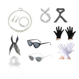 accessoire ann&eacute;e 50 femme d&eacute;guisement r&eacute;tro complet 10 pi&egrave;ces style pin-up rockabilly foulard pois lunettes perles gant pour soir&eacute;e th&egrave;me vintage carnaval d&eacute;guis&eacute;e (WEIYIKE, neuf)
