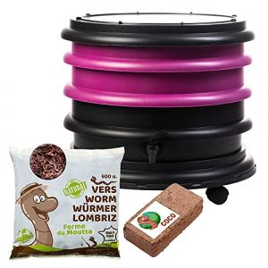 WORMbox | Lombricomposteur 2 Plateaux Framboise + 250gr de vers de Compost + 1 Bloc Coco | 32 litres | Compostez Vos déchets organiques, Les vers de Terre/lombrics produisent du lombricompost (Ferme du Moutta, neuf)