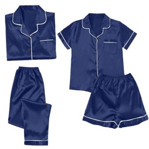 Pyjama femme 4 pi&egrave;ces &ndash; Ensemble pyjama en satin sexy pour l'&eacute;t&eacute; et fille &ndash; Pyjama en soie &ndash; Chemise de nuit &agrave; manches courtes &ndash; Peignoir avec boutonni&egrave;re &ndash; T-shirt + haut + pantalon baggy + court, Z (Cy.betony, neuf)