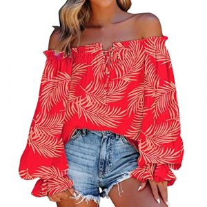 Chemisiers et Blouses Femme À Manches Courtes Sexy col Bateau Blouses Top Femme Imprimé éPaules DéNudéEs Femmes Chic Sexy Épaules Dénudées Hauts Blouses Bohème Camisole Tunique (usitable, neuf)