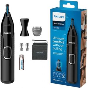Philips NT5650/16 S&eacute;rie 5000 - Tondeuse pour poils de nez, oreilles et sourcils avec accessoire de coupe d&eacute;taill&eacute;e, imperm&eacute;able - avec syst&egrave;me de protection, &agrave; piles, sans tiraillement (Merity GmbH, neuf)