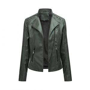 YYNUDA Veste Femme de Motard Vintage Blouson en Cuir PU Veste Moto Vert L (YYNUDA Store, neuf)