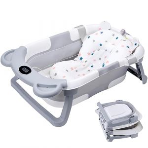 Baignoire Pliable Bébé, Baignoire Pliante avec Thermometre Bain et Bouchon de Vidange, Beignoire Bébé Pliante, Antidérapant Baignoire Pliable Bébé 0-2ans (San coussin, Gris) (demiawaking, neuf)