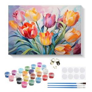 RICUVED Tulipe Peinture par Numéros Adulte,Fleur Peinture par Numéros Kits avec Cadre en Bois Toile Huile Peinture la Main avec Pinceaux Kits Adultes Artisanat pour la Maison 20x30cm (FANDIJIA, neuf)