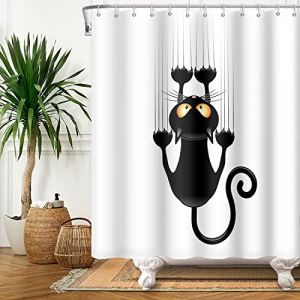 SDOTPMT 140x183cm Noire Chat avec Dièse Pattes Rideau de Douche Mignonne Drôle Chat Minou Rideau de Bain Blanc Arrière Plan Rideau de Baignoire Polyester pour Salle de Bain avec Crochets (yupengziwu, neuf)