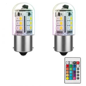 Noobibaba La lampe LED 1141 1156 BA15S &agrave; changement de couleur RGB 3W 12V, douille &agrave; ba&iuml;onnette &agrave; contact unique, RGB + blanc chaud 2700K (2 ampoules et une t&eacute;l&eacute;commande) (Noobibaba FR, neuf)