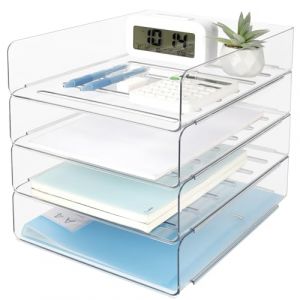 Otauoaea Lot de 4 Corbeille a Courrier Empilable - Bac a Courrier A4 en Plastique Pet Transparente - Rangement Bureau Organisateur - Banette Bureau (Versatile official, neuf)