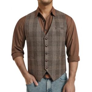 Enlision Beige Hommes Gilet Vintage Formel D&eacute;Contract&eacute; Tweed Gilet Sans Manches Pour Les Hommes Coupe R&eacute;Guli&egrave;Re Col En V Costume Mariage 2XL (QIWEIEUR, neuf)
