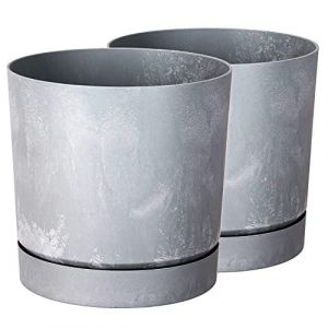 Tymar Pot de Fleur avec Soucoupe, Lot de 2 Pots de Plantes décoratifs en Plastique, Forme Ronde Moderne pour l'intérieur (ø 24 cm, (2pack) Béton) (Tymar, neuf)