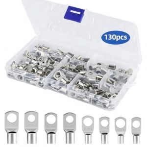 130 Pièces Cosse a Sertir, Cosses Tubulaires Set 25mm² 16mm² 10mm² 6mm², Cosses Electriques a Sertir Ronde en Cuivre Étamé, Cosses à Anneau Kit M6 M8 pour Automobiles Motos Câbles de Batterie (QiChan EU, neuf)