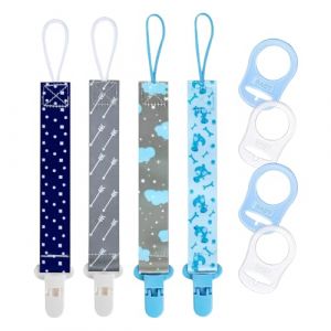 WEDAWIN 4PCS Attache Tetine Tissu, Accroche Tétine Bebe, Attache Sucette Chaîne en Tissu avec 4 Pcs Adaptateur de Sucette pour Bébé, Durable–Haute Ténacité (Blu) (MODESTOS-DIMOSTHENOUS, neuf)