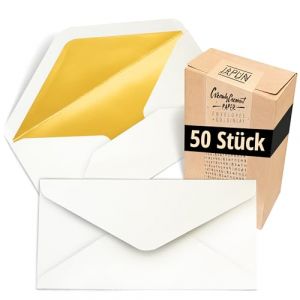 Japun - enveloppes (50 pièces), enveloppe sans fenêtre - DIN long - 220 x 110 mm - intérieur : or - couleur du papier : blanc (Nature Nerds GmbH, neuf)