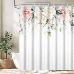 Uiiooazy Rideau Douche Anti Moisissure, Rideau Douche 180x200cm Feuilles d'eucalyptus Vert Fleuri Rose Rideaux de Baignoire Tissu Lavable Imperméable Polyester Rideaux Salle de Bain avec 12 Crochets (dongguibinjingpinxiaodianpu, neuf)
