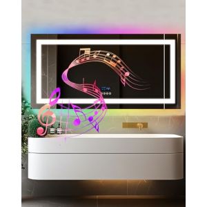 LUVODI 120x60cm Miroir LED Salle de Bain: Horloge et Bluetooth 5.2 Miroir Lumineux 72W RGB Multicolore pour La Maison Hôtel Fonction Mémoire Interrupteur Tactile RGB + Dimmable + 3 Couleurs IP65 (Luvodi, neuf)