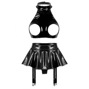 YEAHDOR Femme Sexy Ensemble Lingerie Nuit Wetlook Soutien-Gorge Sein Nue & String Biefs Ouvert Cuir Nuisette Érotique Vêtement de Nuit Pyjama Tenue Sexuel S-4XL C Noir L (YEAHDOR EU, neuf)