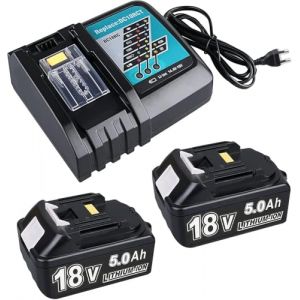 Lot de 2 batteries de rechange, 18 V, 5,0 Ah, pour Makita + chargeur 3 A DC18RC, compatible avec Makita 14,4 V-18 V BL1830 BL1850 BL1840 BL1860 BL1820, etc. Batterie d'outils et chargeur DC18RC DC18RD (newwaytek, neuf)