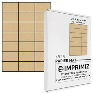 525 étiquettes autocollantes Kraft naturel de 70 X 42 mm - 21 étiquettes/feuille - pour impression Laser et Jet d'encre - 25 planches papier couleur adhésif A4 (Boutique-Design, neuf)