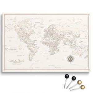 Toile personnalisable motif carte du monde en liège à épingler, parfaite pour les voyageurs et la décoration murale – tableau décoratif sur toile, 100 punaises inclus (Design 5 FR, 120x80 cm) (Pinmap, neuf)