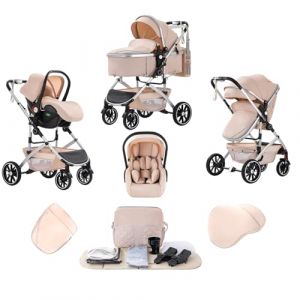 Lnhcrbs Poussette 3 en 1,Poussette Tout Terrain Pliable en Un Seul Clic, Poussette Bébé Haute Avec Panier de Couchage Élargi (38.5cm), Poussette Nouveau Né est Verrouillable Sur Les Roues Avant(Beige) (Lnhcrbs, neuf)