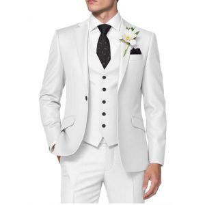 HUUTOE Costume 3 pi&egrave;ces pour homme - Coupe ajust&eacute;e - Smoking pour homme - Costume formel - Blazer solide - Veste gilet et pantalon, blanc, Taille L (Dazhixianxian, neuf)