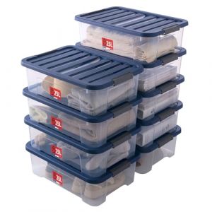 SUNDIS Wave Box, lot de 9 bo&icirc;tes de rangement avec couvercle clipsable 25l, en plastique transparent, superposables et empilables, id&eacute;ales pour ranger la chambre, le dressing, le bureau, la buanderie (Sundis Shop, neuf)