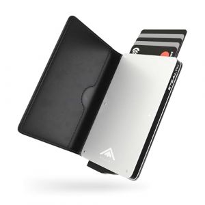 Stealth Wallet Porte Carte Bancaire RFID pour Homme - Porte-Cartes De Cr&eacute;dit avec M&eacute;canisme Pop Up et Bo&icirc;te Cadeau - Portefeuilles de Cr&eacute;dit Aluminium Minces (Aluminium Argent, Cuir Noir) (ETK Limited, neuf)